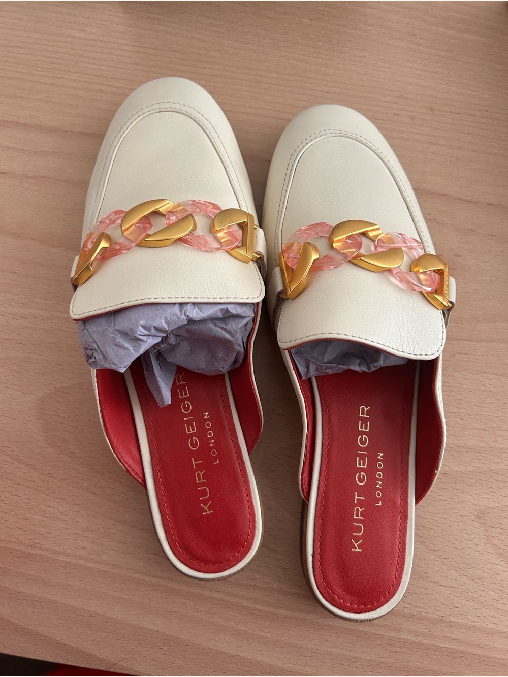 Kurt Geiger Cream Leather Chain-Accent Mule Loafers